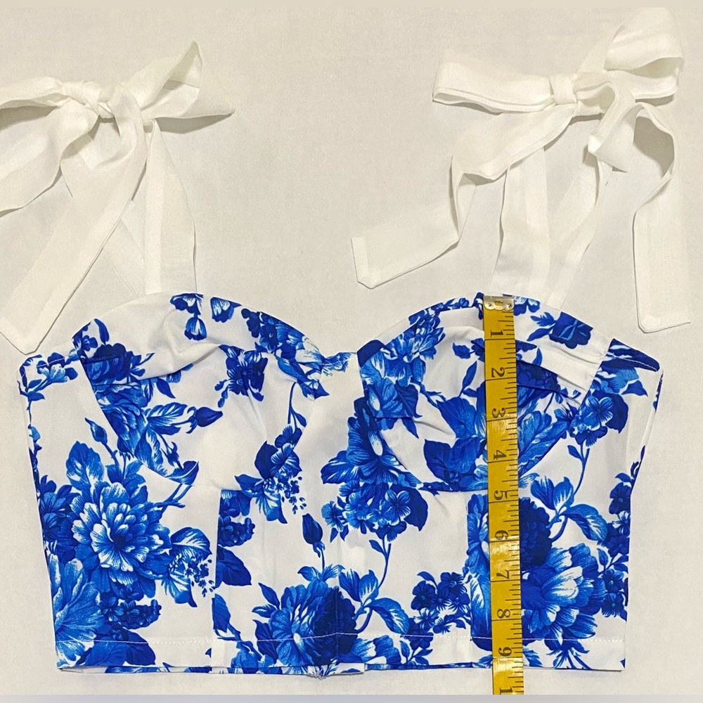 Joress Womens M Blue White Floral Corset Crop Top Boho Y2K Fairy Cottagecore - Picture 11 of 14